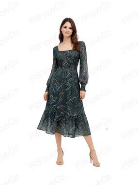 Nine West Green Gold Smocked Midi Dress Sheer Sleeve Tiered Boho M